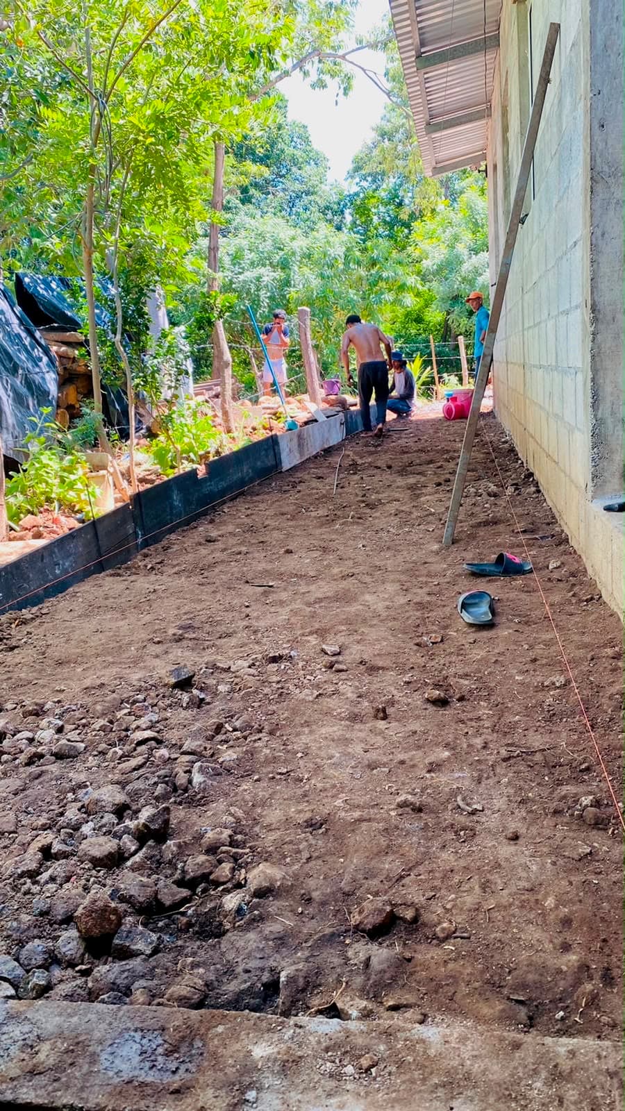 Vecinos trabajando juntos para nivelar el terreno junto a una vivienda
